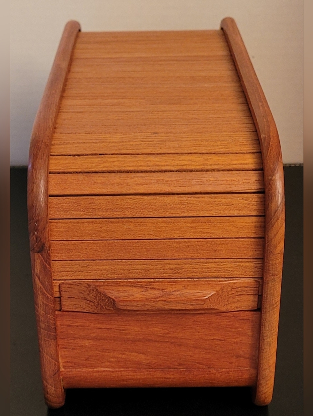 Vintage EID Teak Tambour Rolltop Wood Box MCM 1970's Thailand Brown Tape Storage